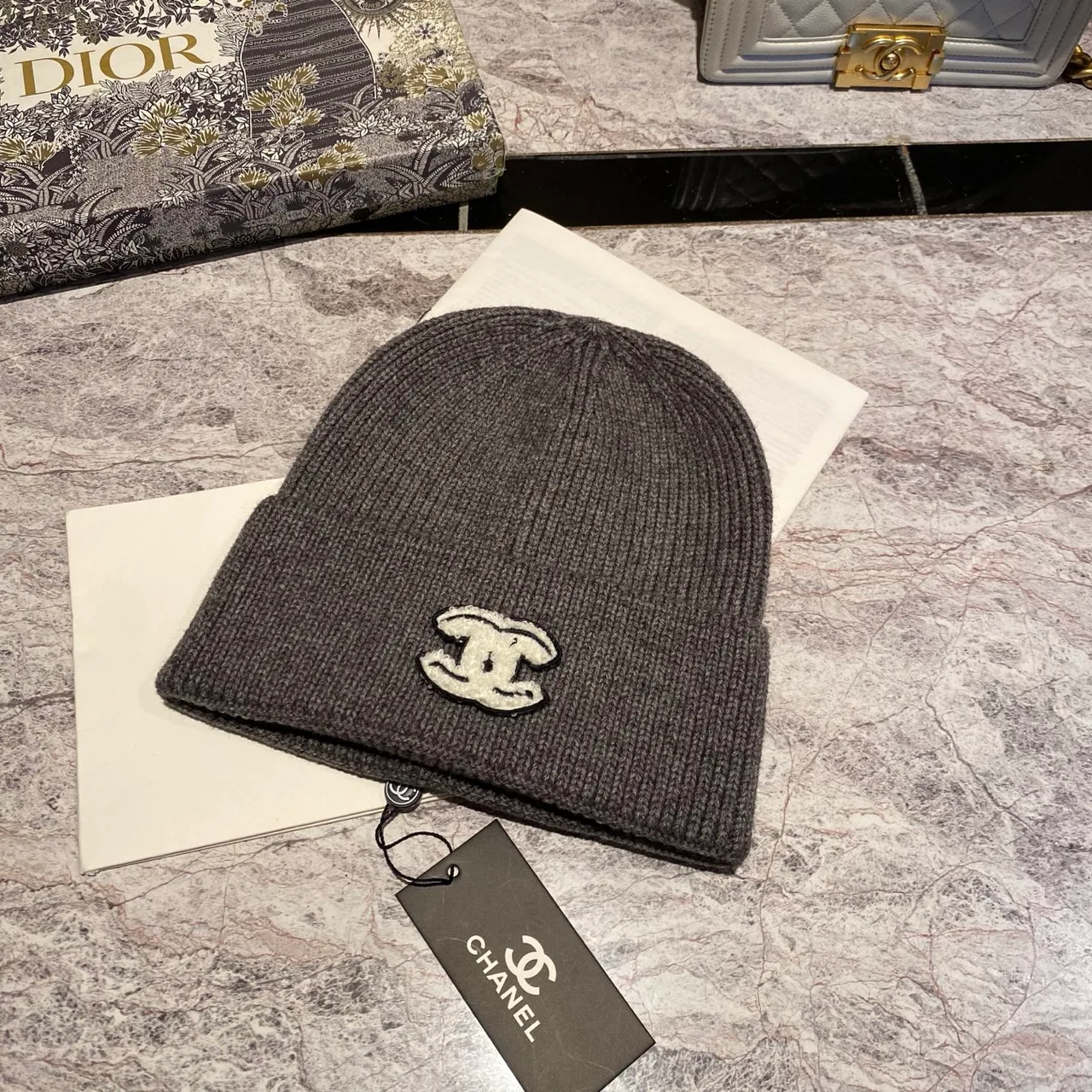 Chanel CC Knit Beanie in Black / White / Red / Burgundy / Grey / Tan / Pink · view 5
