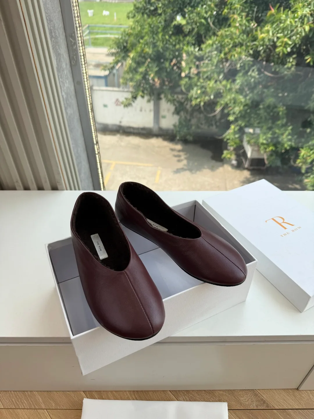 The Row Cowhide Matte Square-Toe Slippers in Burgundy · view 3