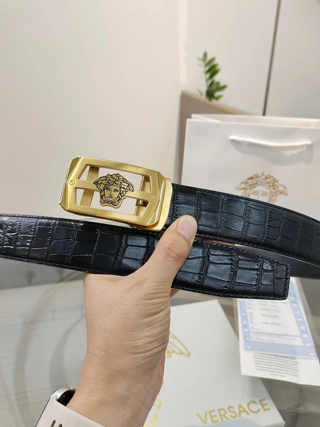Versace Calfskin Belt in Black · view 3