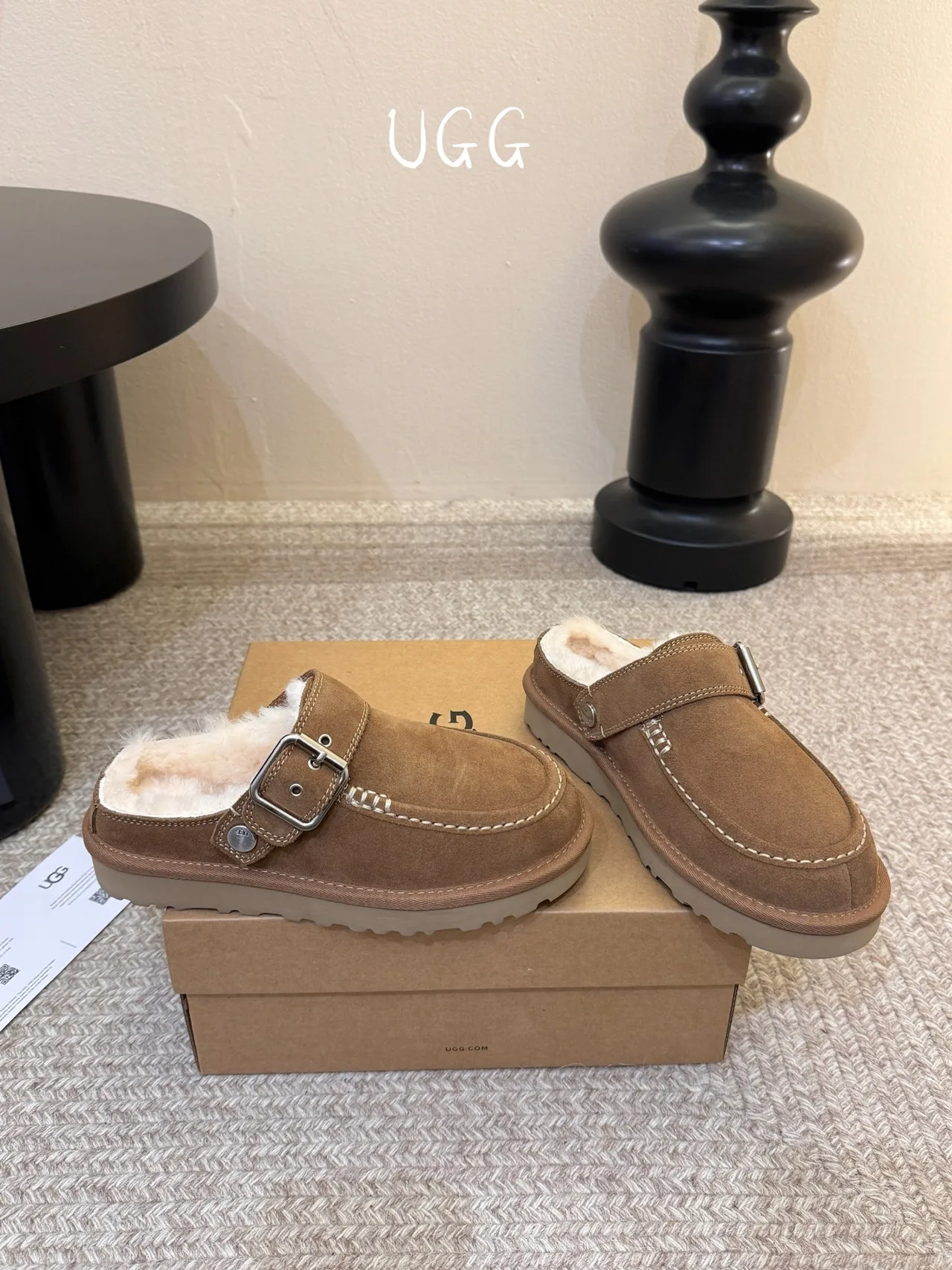 UGG Wool Suede-Look Buckle Lined Loafer Mules in Brown · view 5