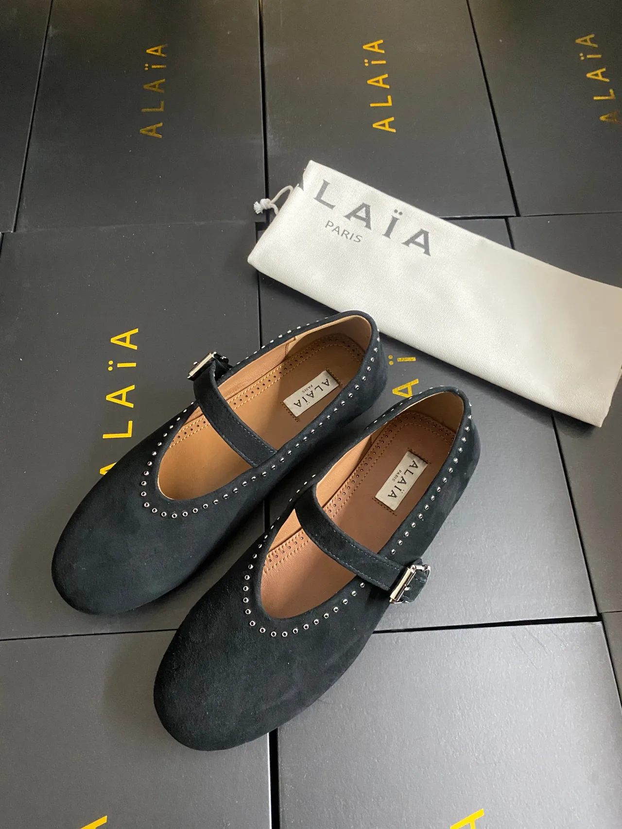 Alaia Cowhide Sheepskin Suede-Look Buckle Ballet Flats in Black · view 3