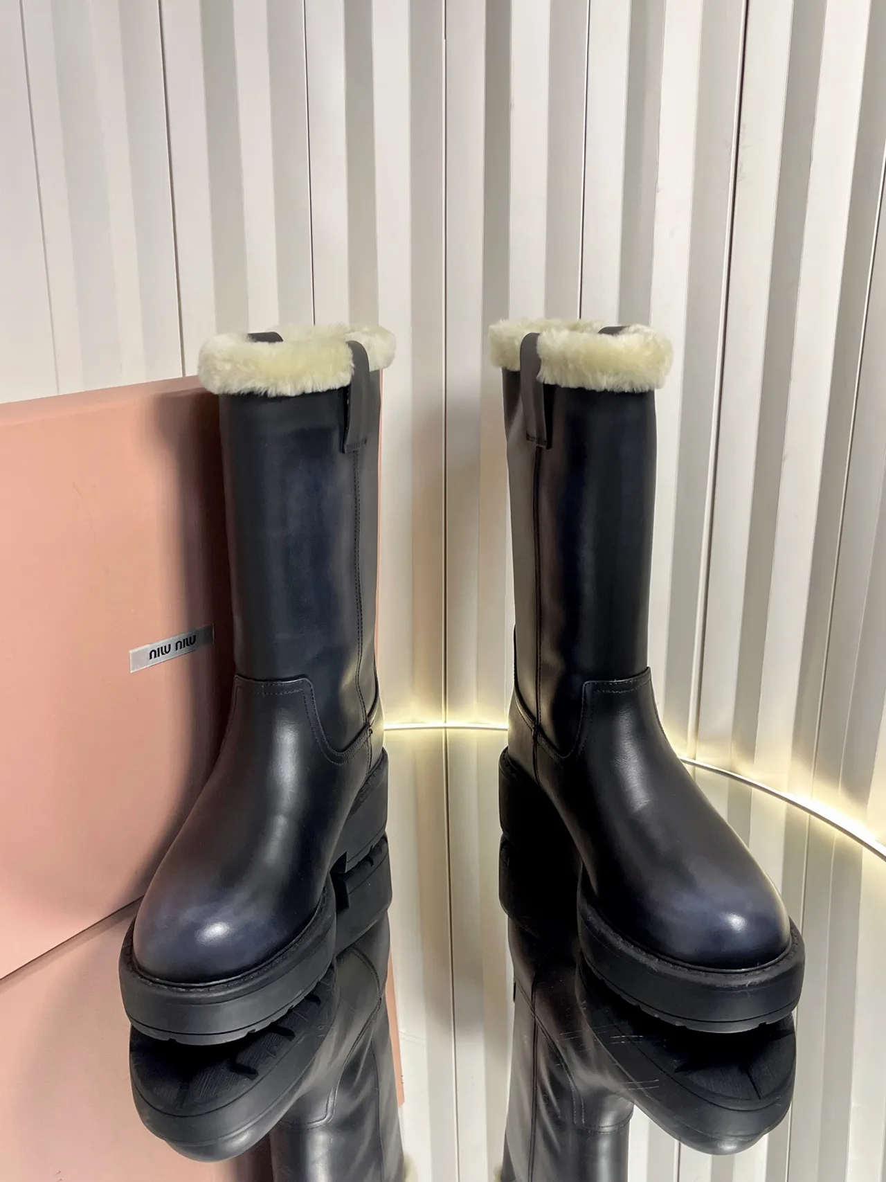 Miu Miu Calfskin Glossy Boots in Black · view 2