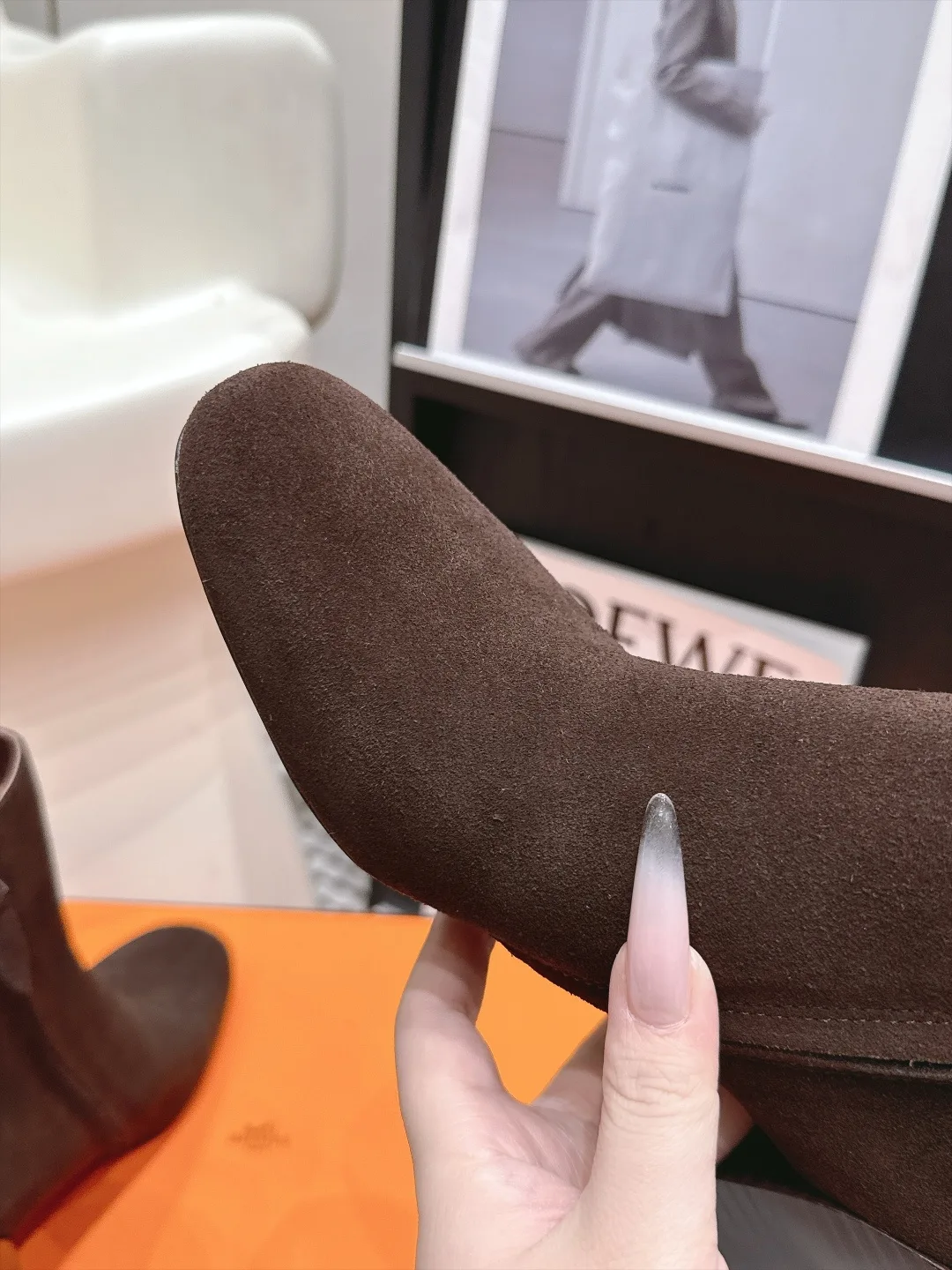 Loewe Glossy Suede-Look Pointed-Toe Ankle Boots in Brown · view 6