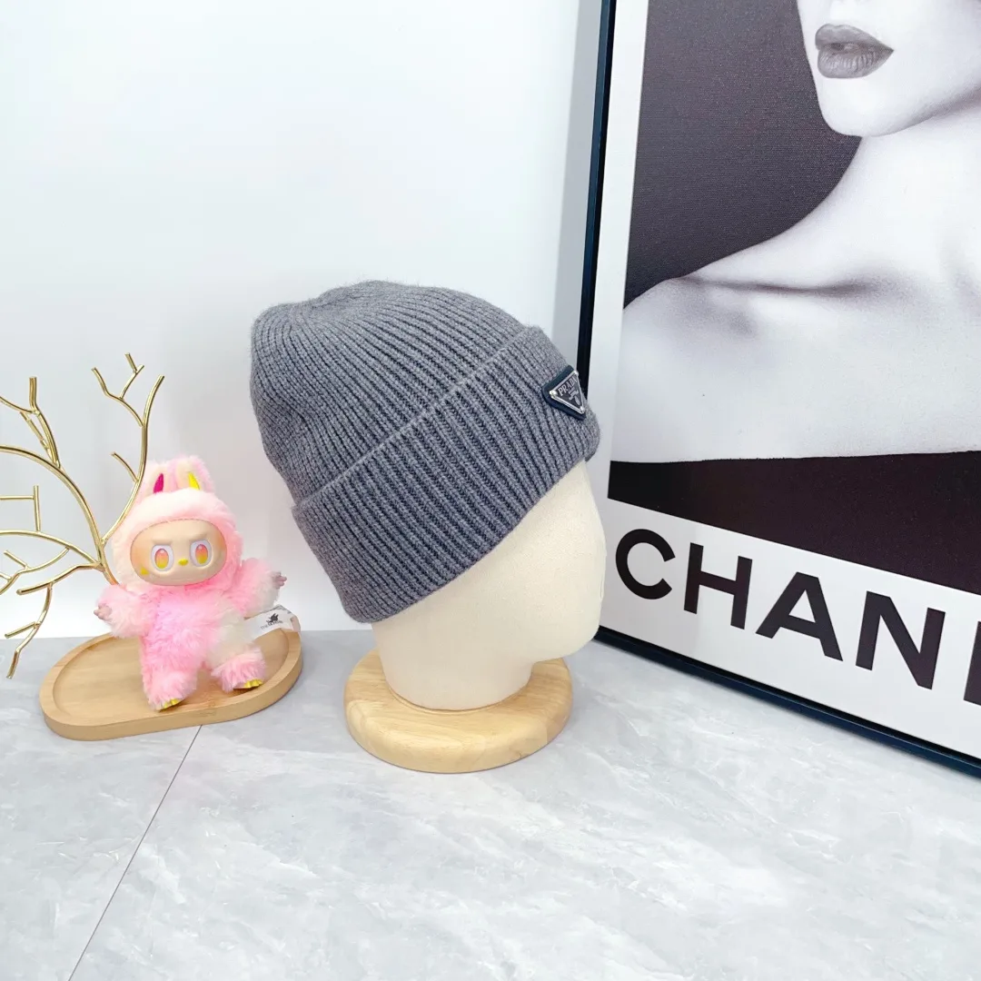 Prada Wool Triangle Logo Knit Beanie in Grey · view 3