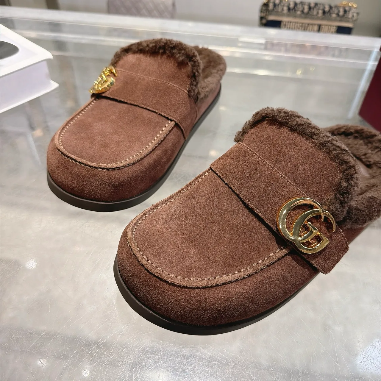 Gucci Cowhide Wool Suede-Look Buckle Mules in Brown · view 5