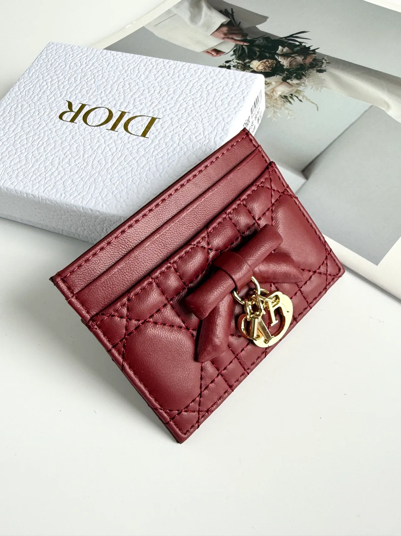 Dior Lambskin Quilted Bow Cardholder in Burgundy · view 3