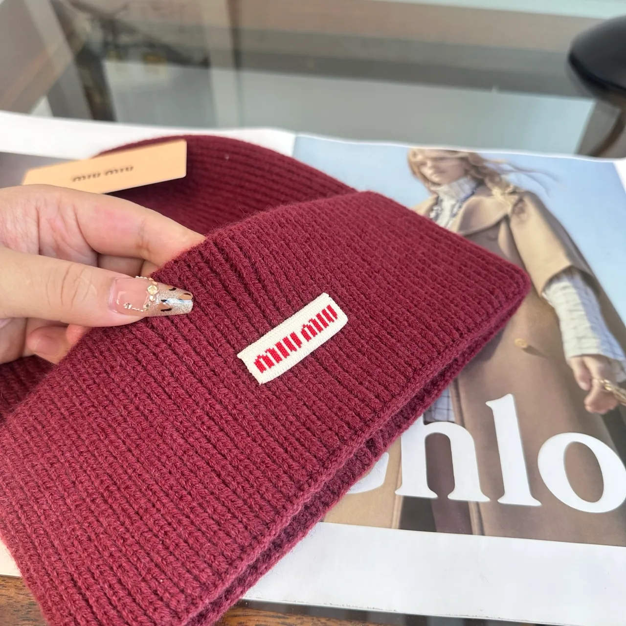Miu Miu Ribbed Knit Beanie in Burgundy · view 5