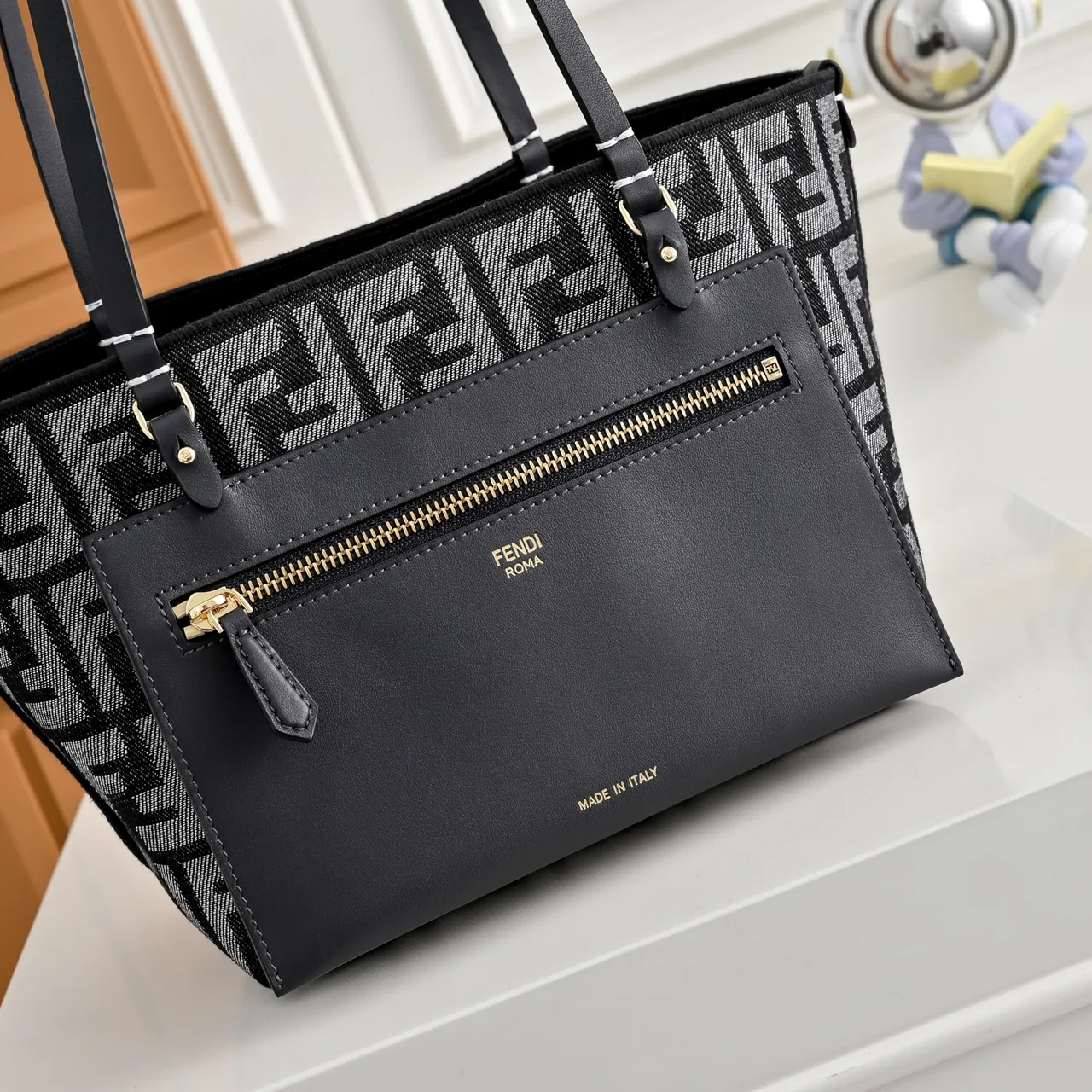 Fendi FF Monogram Front-Pocket Shopper Tote in Black · view 5