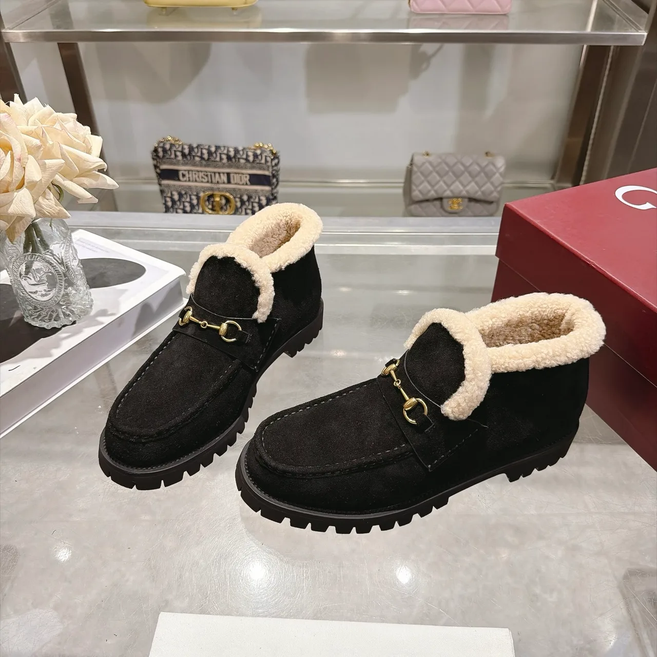 Cowhide Suede-Look Buckle Horsebit Lined Ankle Boots in Black · view 3
