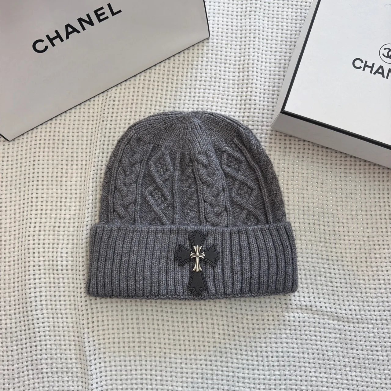 Chrome Hearts Cross-patch knit beanie in Black & White & Cream & Grey & Tan · view 4
