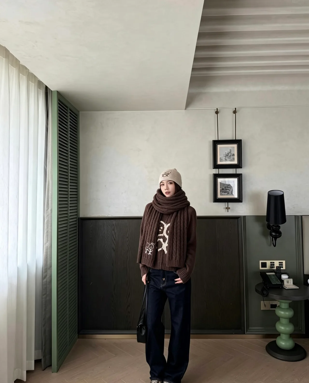 Embroidered Stick-Figure Ribbed Scarf in Brown · view 6