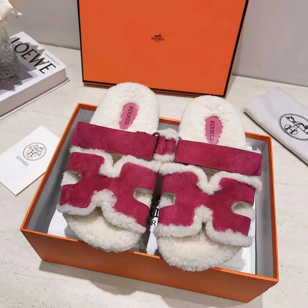 Hermes Sheepskin Chypre Shearling Slides in Pink · view 2