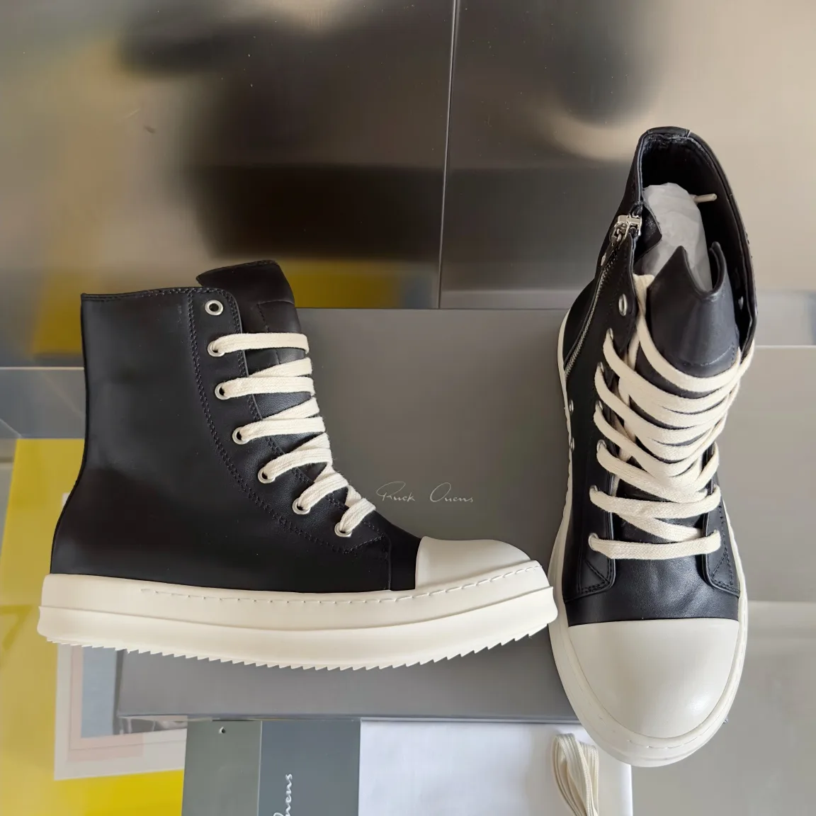 Rick Owens Calfskin High-Top Sneakers in Black · view 3