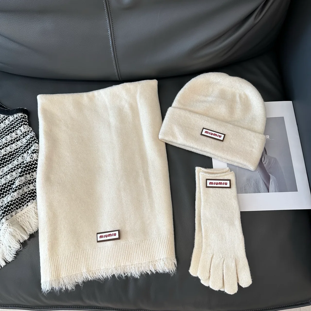 Miu Miu Hat Scarf and Gloves Set in White & Black & Grey & Beige · view 1
