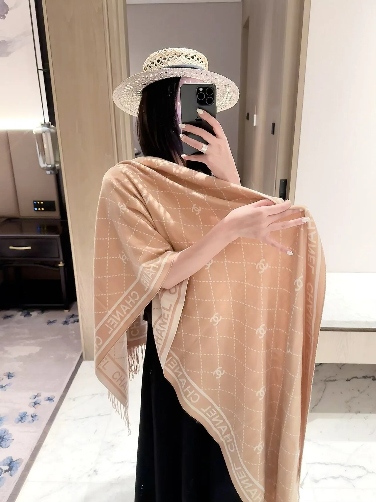 Chanel Patterned fringed scarf in Pink & Beige & Black · view 2