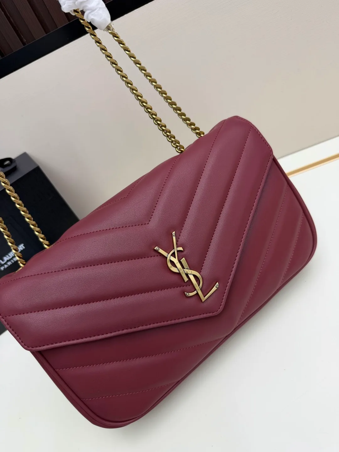 Saint Laurent Sheepskin Loulou Chain Bag in Burgundy · view 3