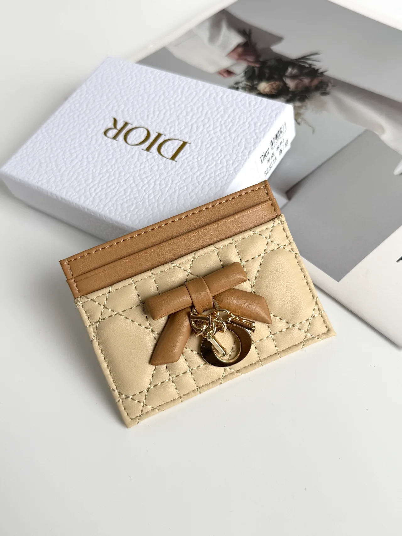 Dior Lambskin Quilted Bow Cardholder in Beige · view 1