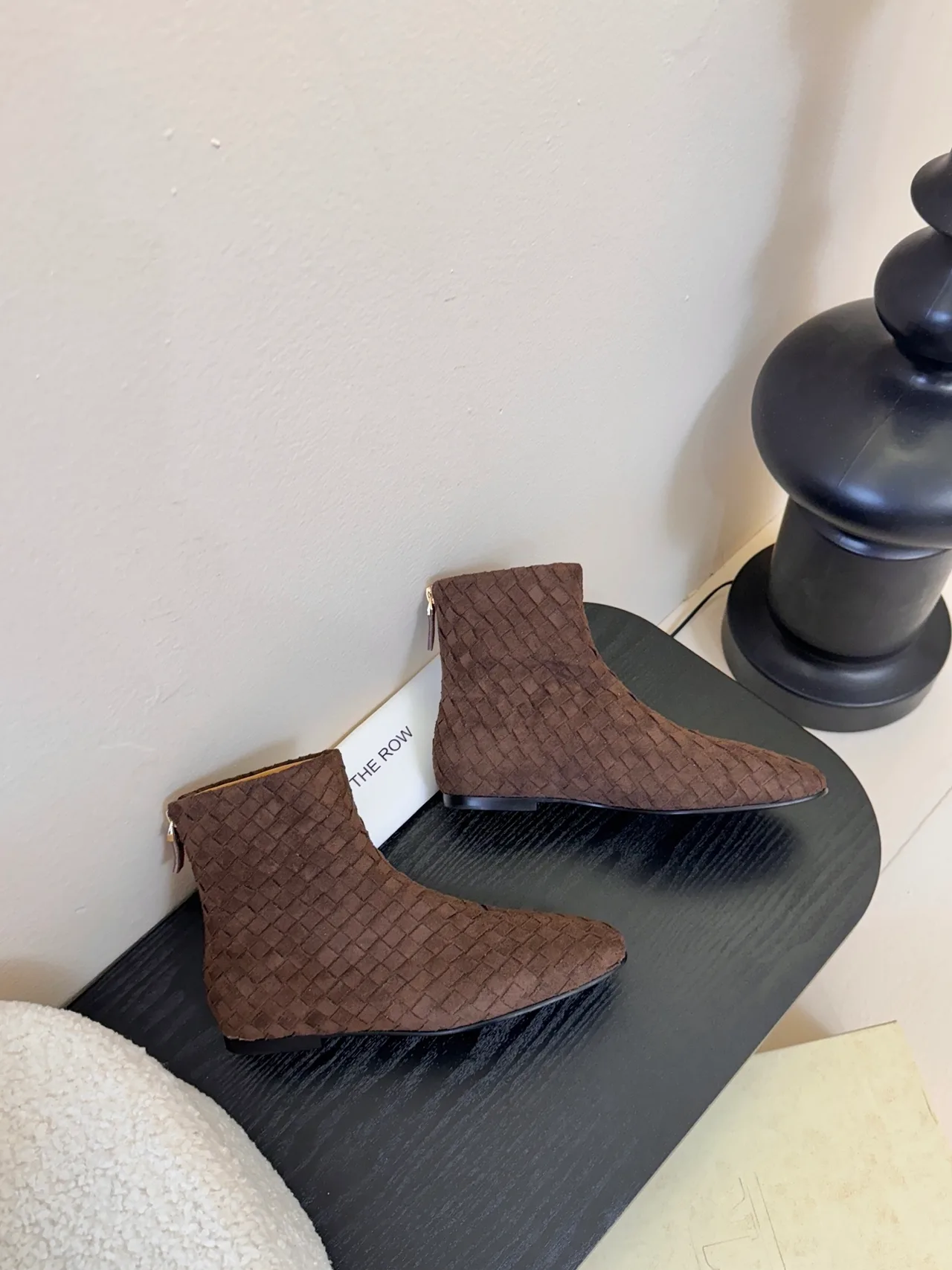 Quilted Lace-Up Woven Ankle Boots in Brown · view 4