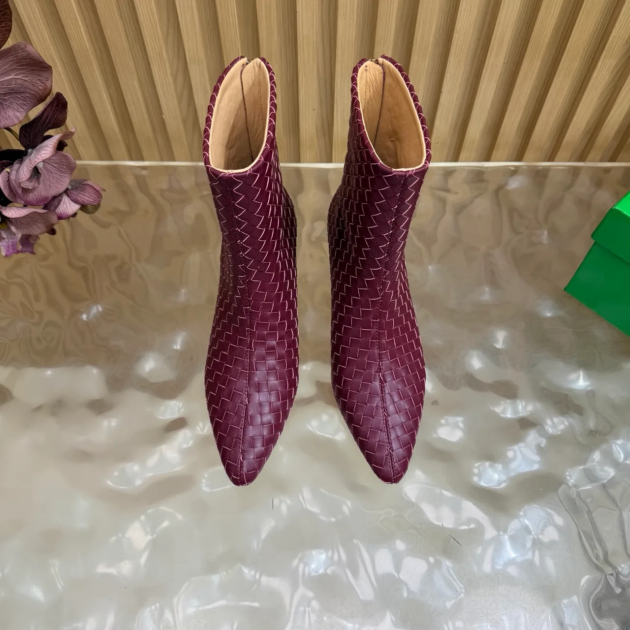 Bottega Veneta Woven Glossy Pointed-Toe Ankle Boots in Burgundy · view 5