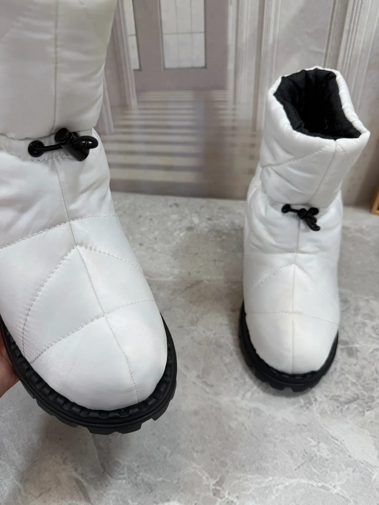 Prada Quilted Glossy Puffer Boots in White · view 5