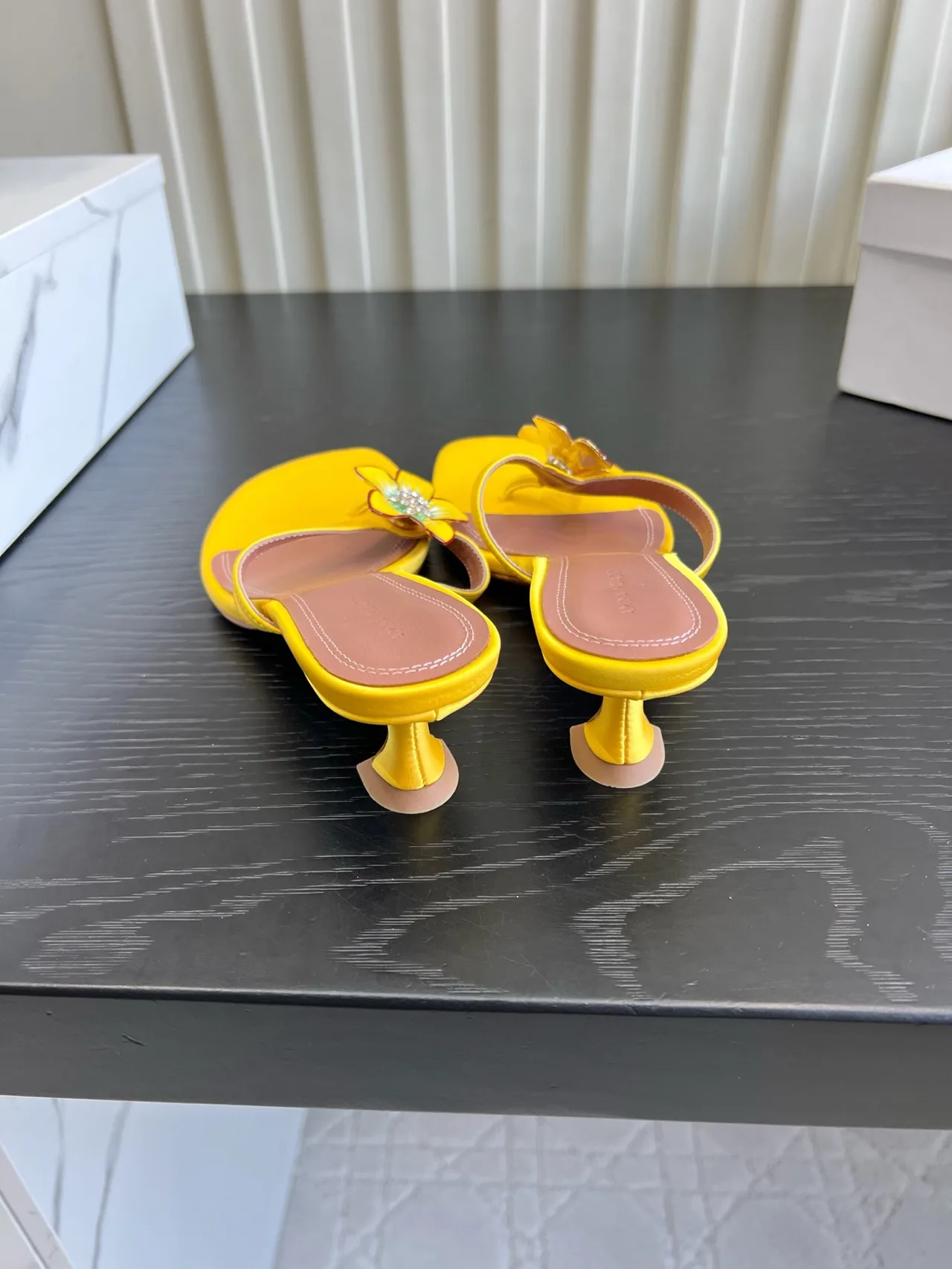 Amina Muaddi Silk Sandals in Yellow · view 5