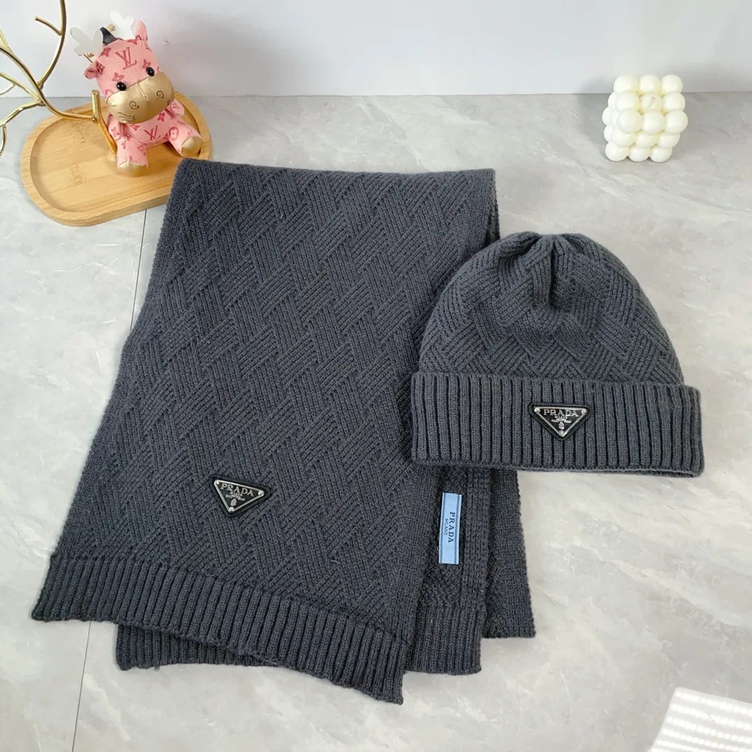 Prada Wool Ribbed Hat and Scarf Set in Grey · view 1