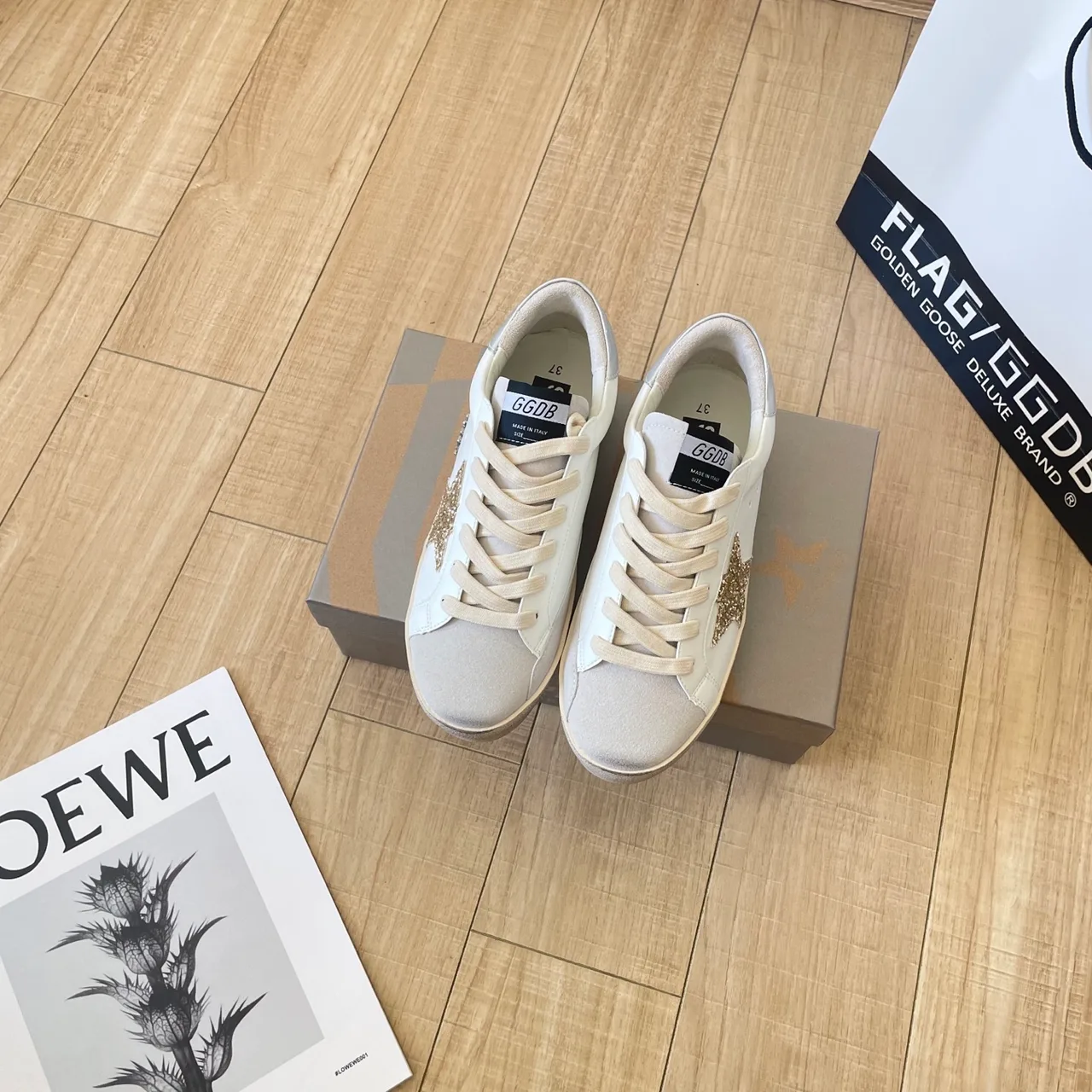 Golden Goose Calfskin Crystal Star Sneakers in White · view 2