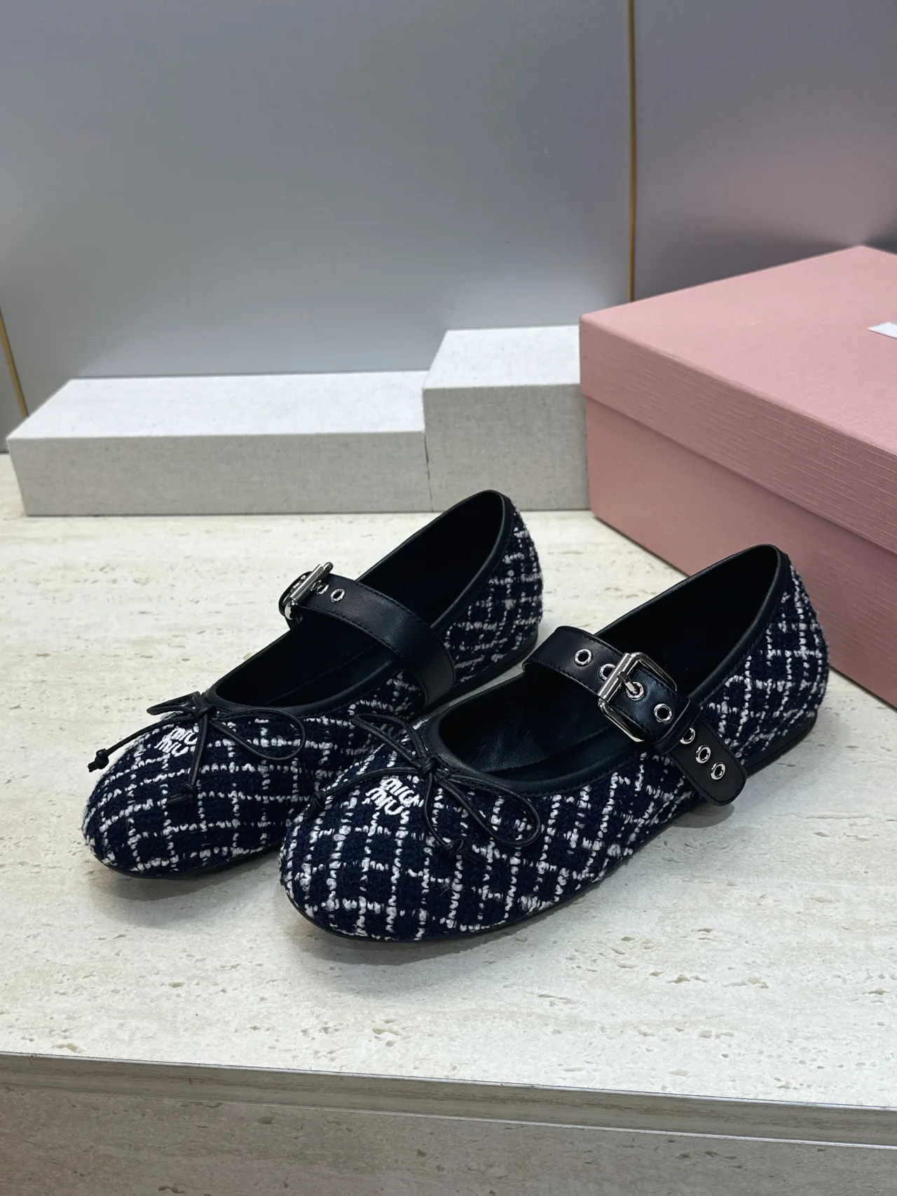 Miu Miu Calfskin Check Buckle Mary Jane Flats in Blue · view 3
