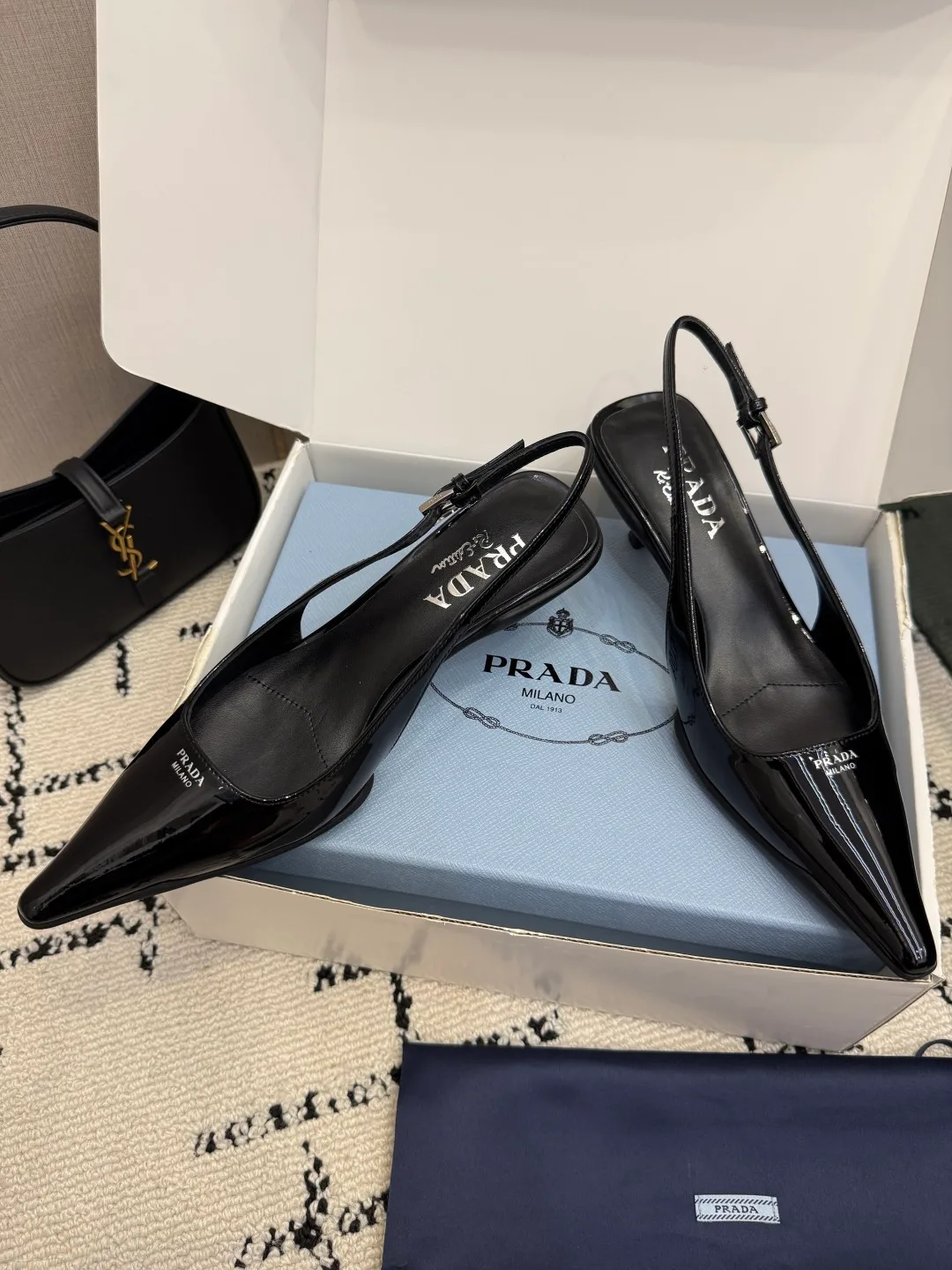Prada Patent Leather Pointed Slingback Pumps in Black · view 3