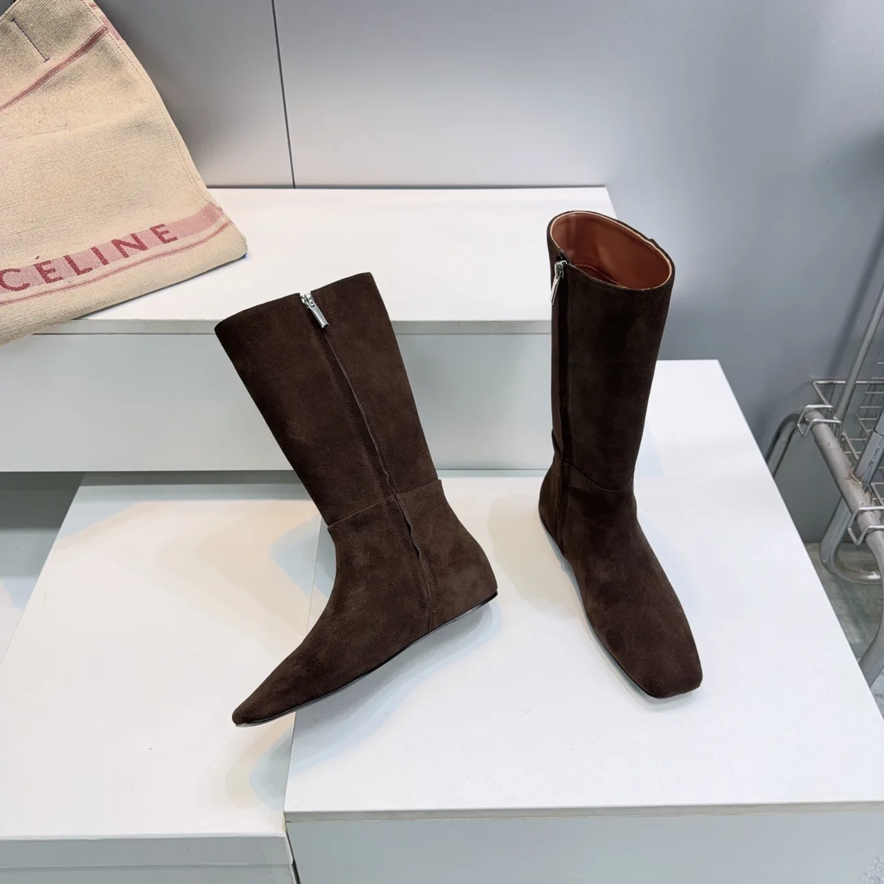 Celine Suede-Look Square-Toe Ankle Boots in Brown · view 5