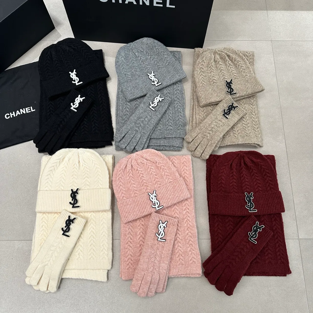 Saint Laurent Hat Scarf and Gloves Set in Black & Grey & Beige & White & Pink & Burgundy · view 8