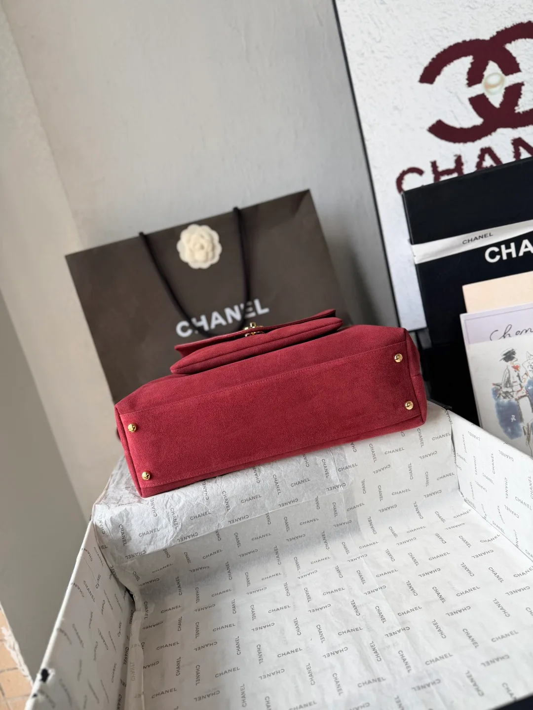 Chanel Leather Glossy Suede-Look Tote in Burgundy · view 5
