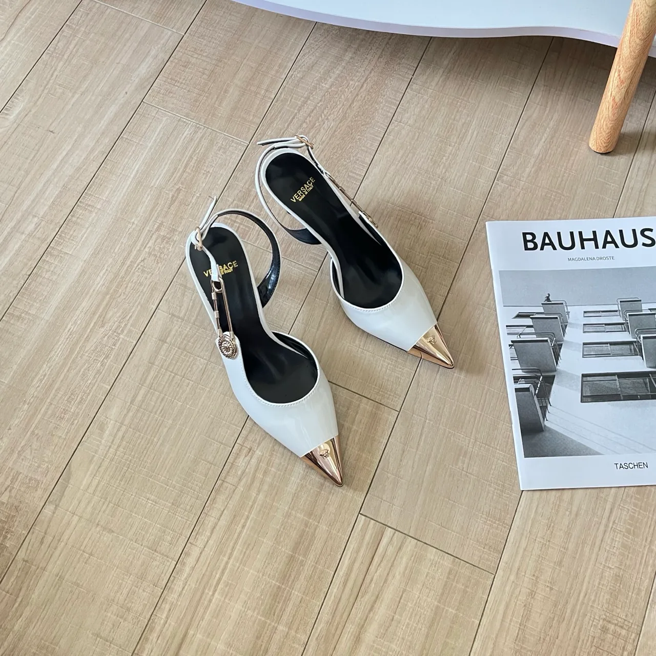 Versace Sheepskin Glossy Pointed-Toe Sandals in White · view 3