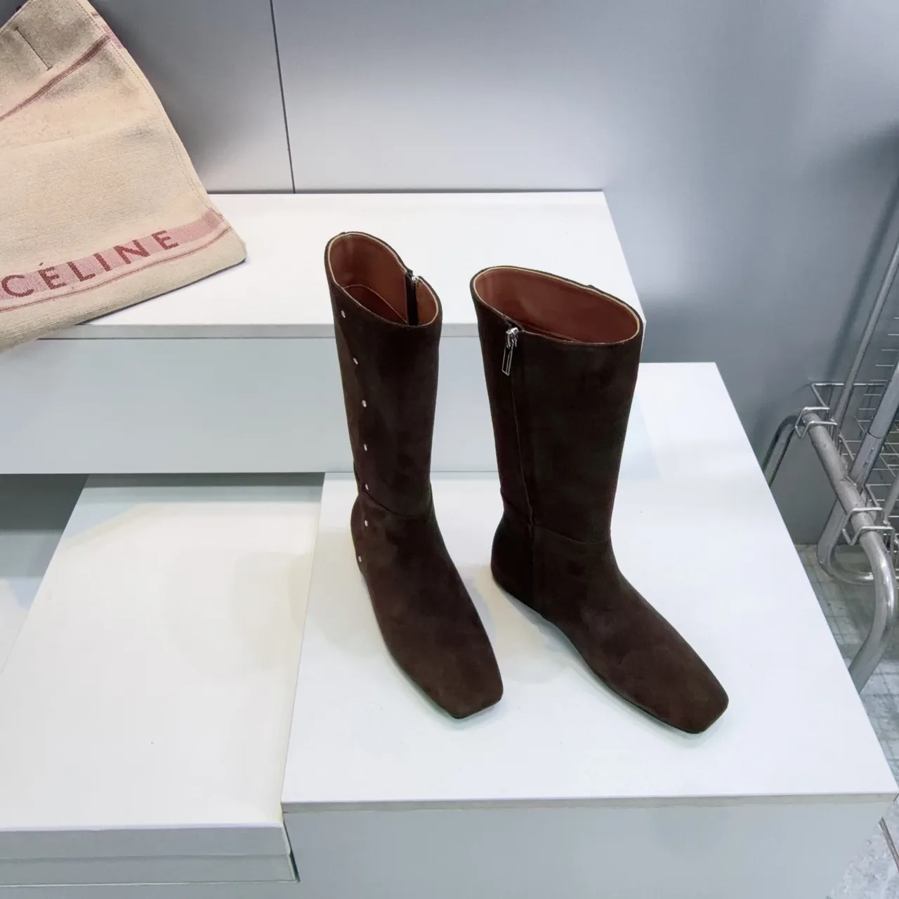 Celine Suede-Look Square-Toe Ankle Boots in Brown · view 4