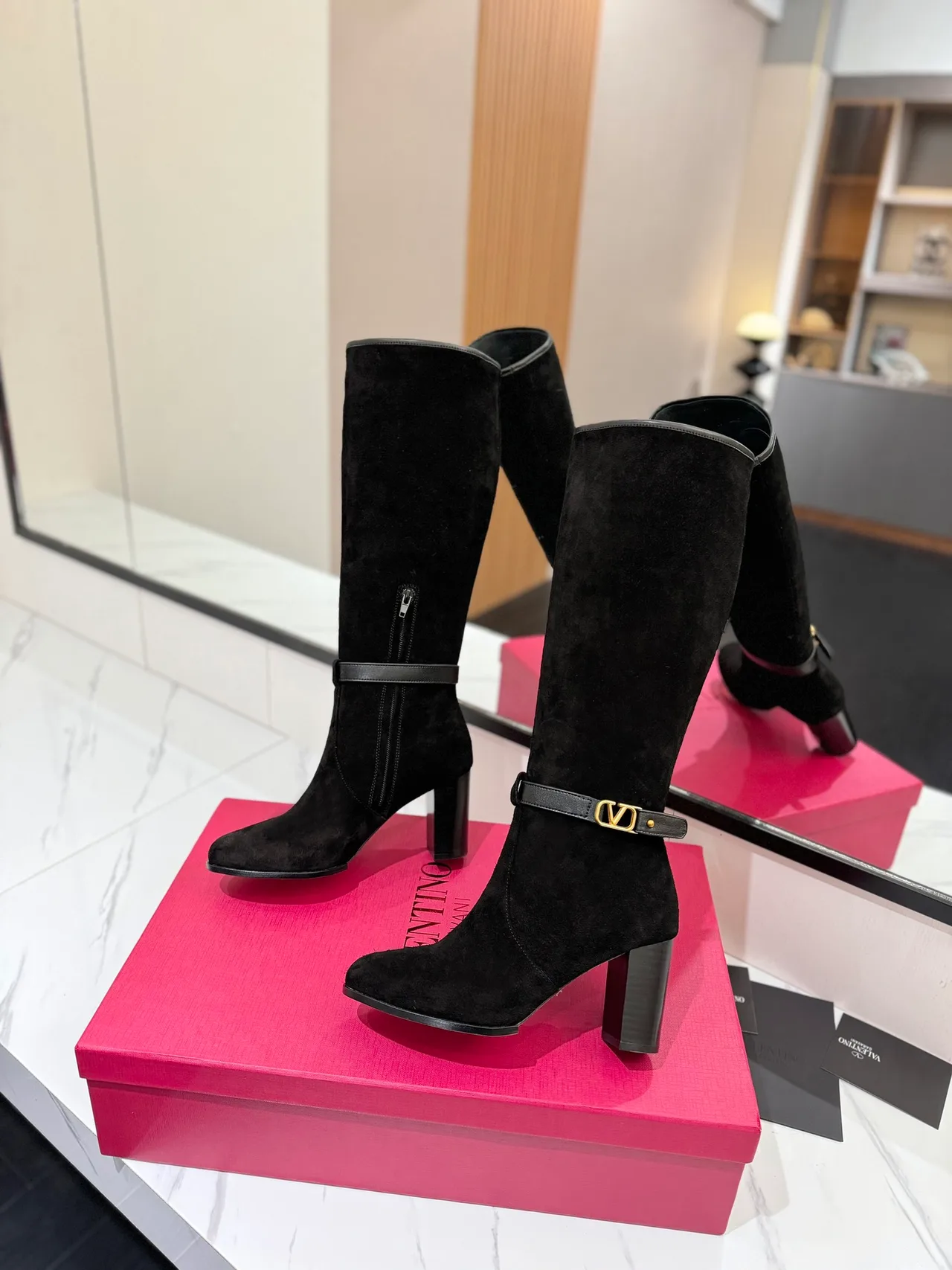 Valentino Calfskin Glossy Suede-Look Buckle Boots in Black · view 4