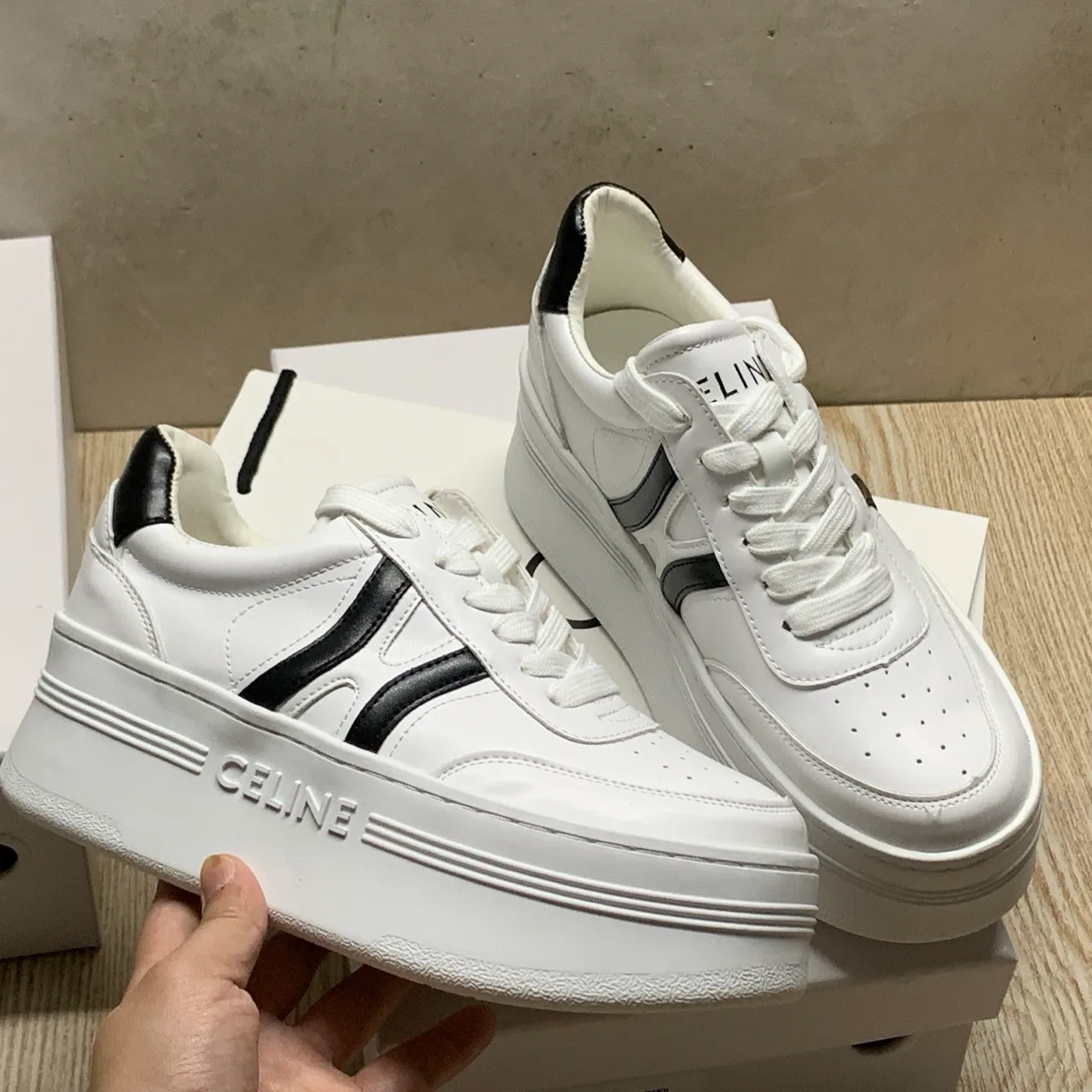 Celine Striped Lace-Up Sneakers in White · view 2