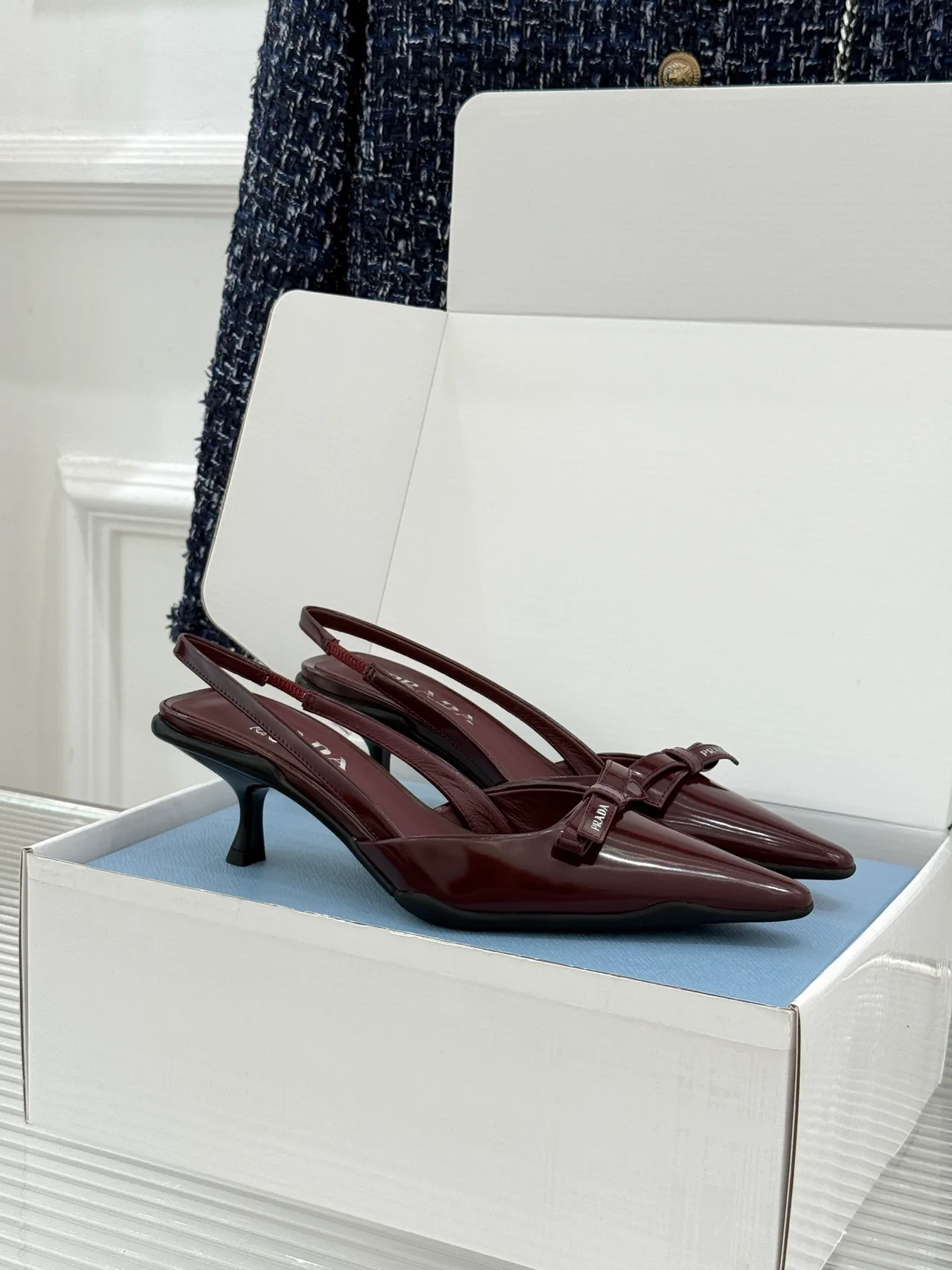 Prada Lambskin Pointed Slingback Pumps in Burgundy · view 2