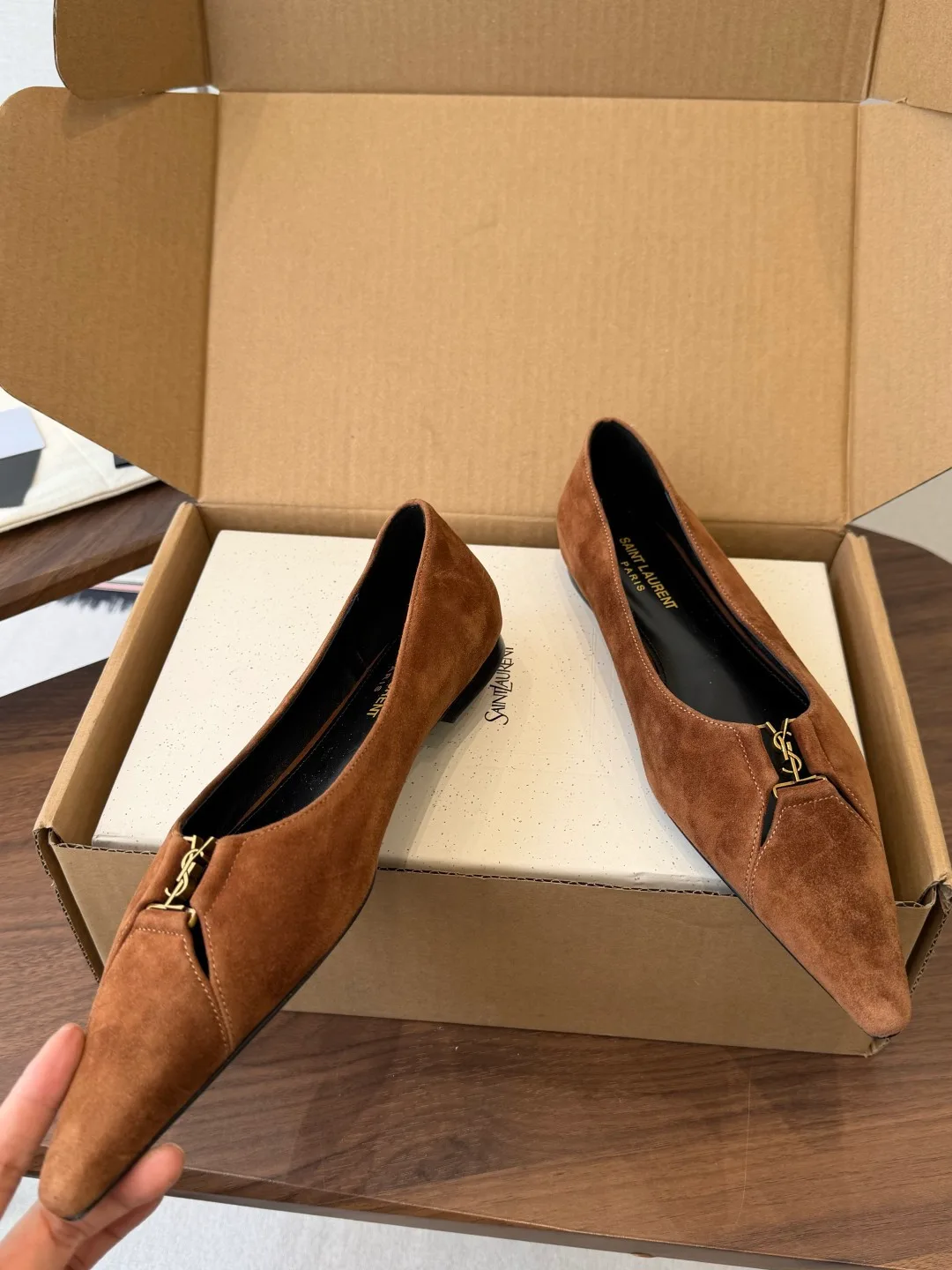 Saint Laurent Sheepskin Suede-Look Pointed-Toe Flats in Brown · view 5