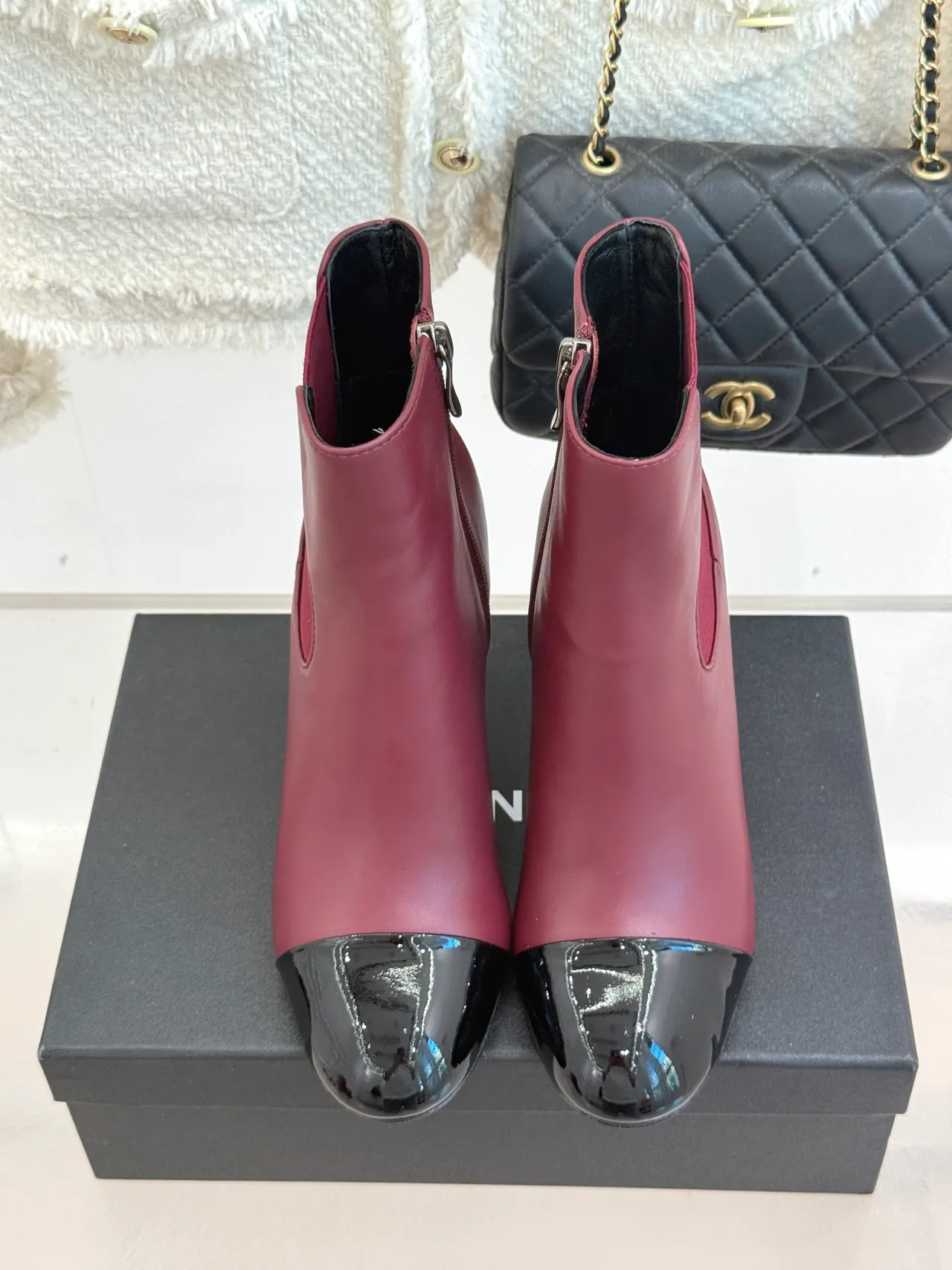 Chanel Lambskin Glossy Pointed-Toe Round-Toe Ankle Boots in Burgundy · view 4