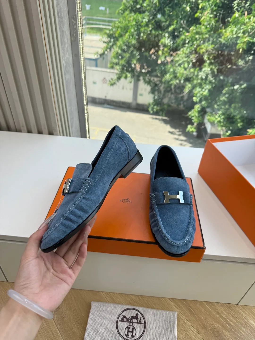 Hermes Calfskin Suede-Look Round-Toe Loafers in Blue · view 5