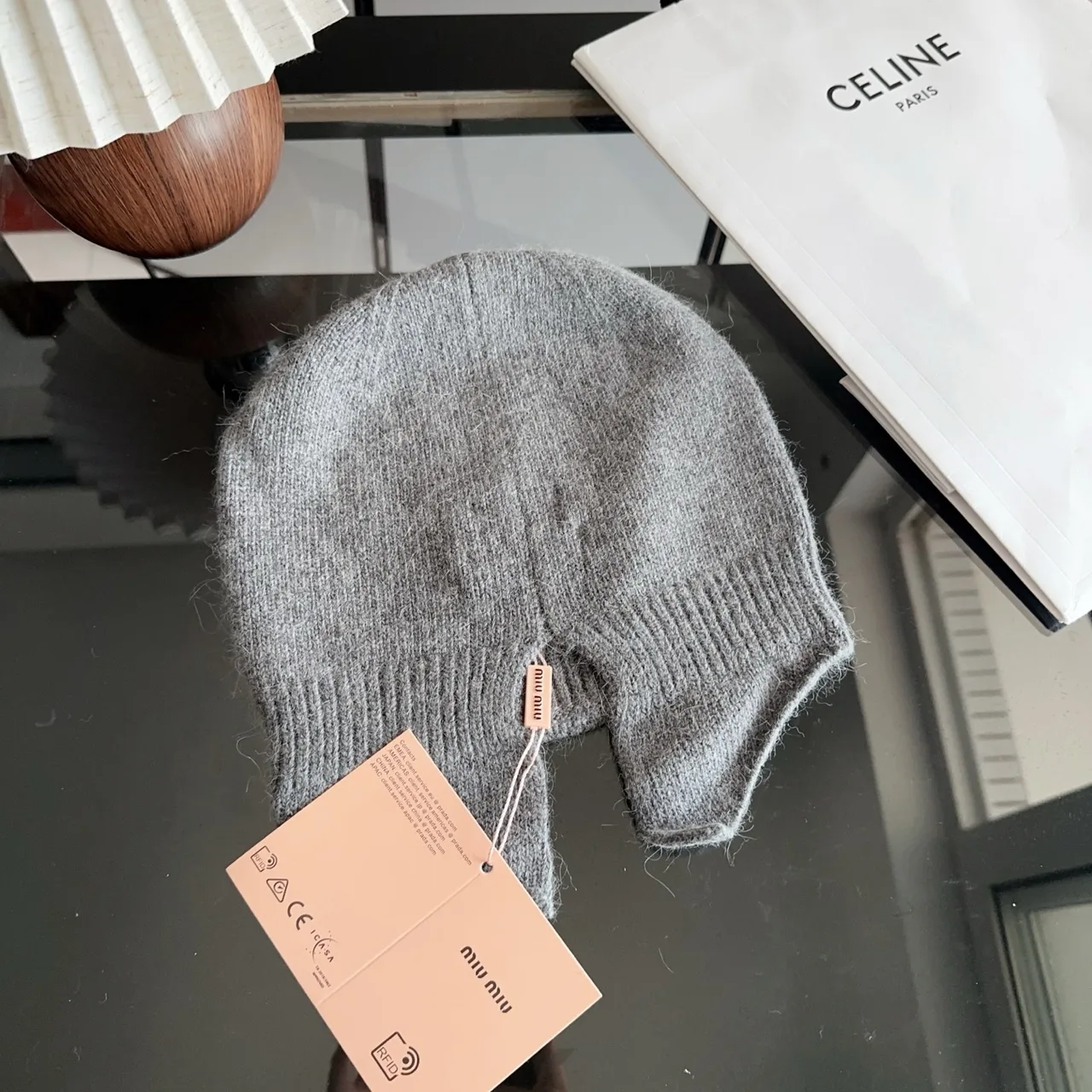 Miu Miu Ribbed Beanie in Grey · view 4