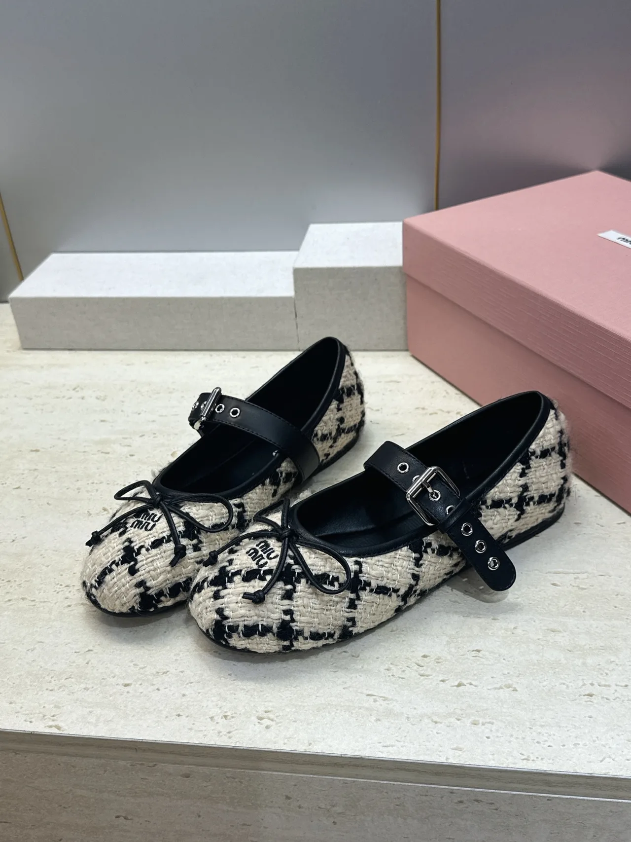 Miu Miu Calfskin Check Square-Toe Round-Toe Mary Jane Flats in Black · view 3