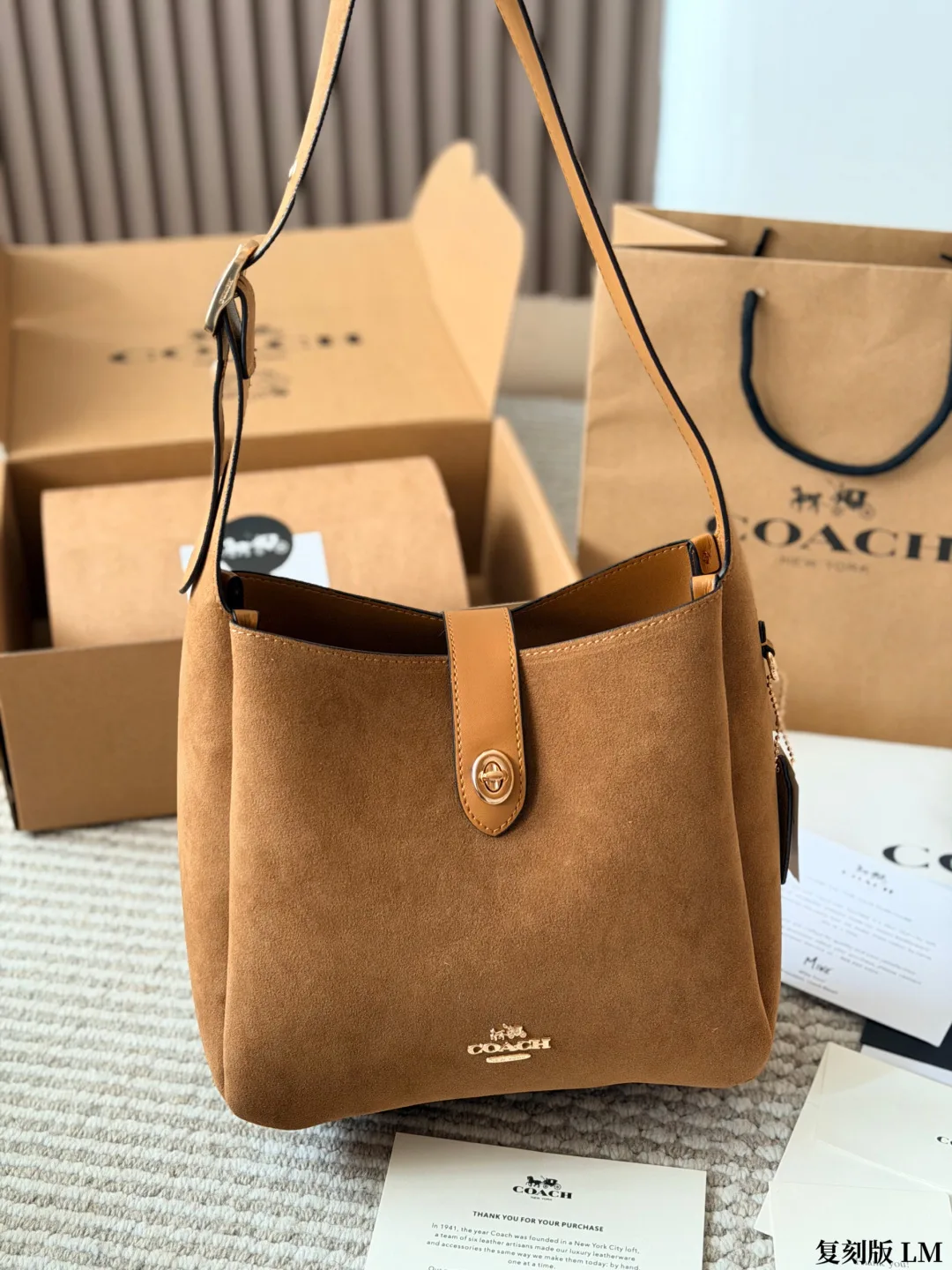 Coach Suede-Effect Bucket Bag in Brown & Blue · view 1