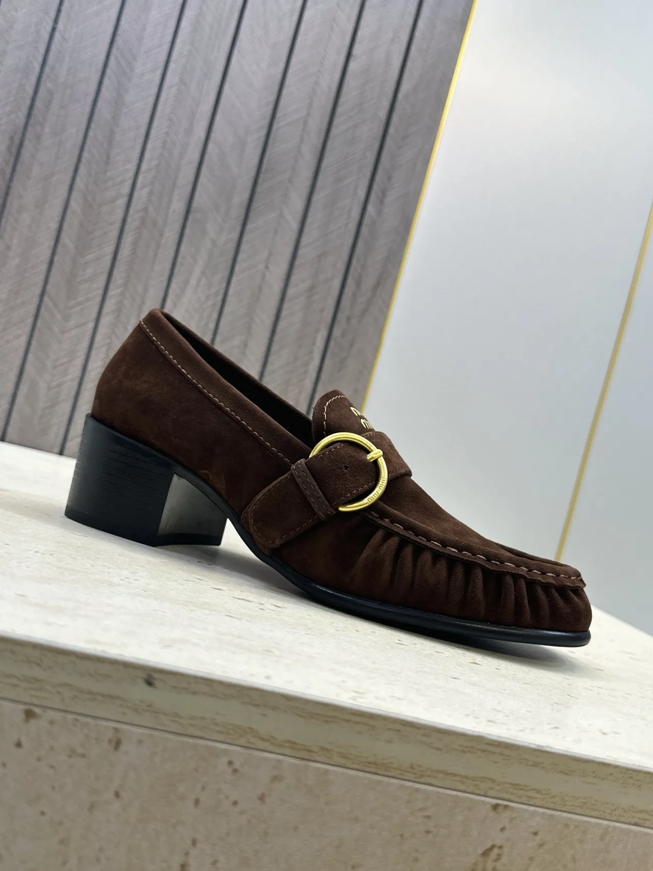 Miu Miu Cowhide Sheepskin Buckle Suede Heeled Loafers in Brown · view 6