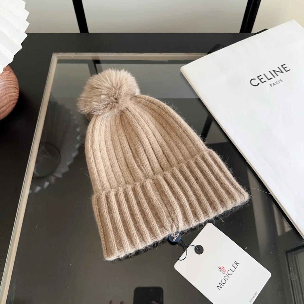 Moncler Ribbed Beanie in Beige · view 7
