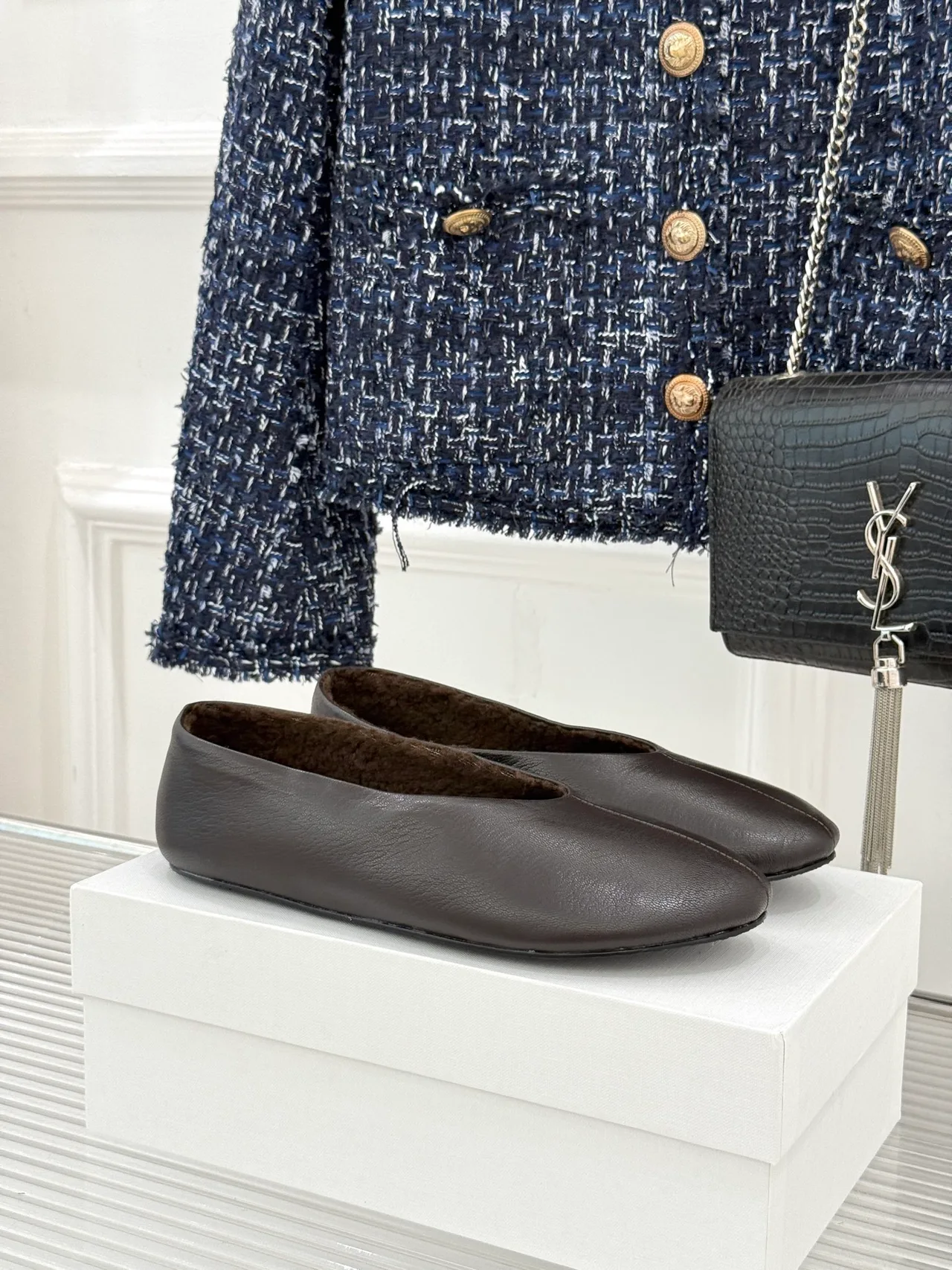The Row Glossy Round-Toe Slippers in Brown · view 1