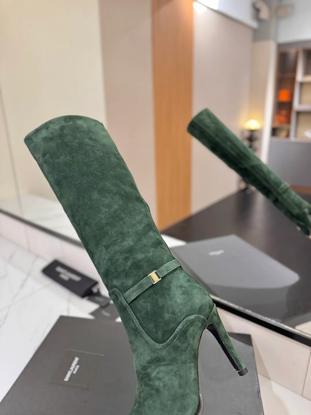 Saint Laurent Cowhide Sheepskin Suede-Look Pointed-Toe Buckle Boots in Green · view 8