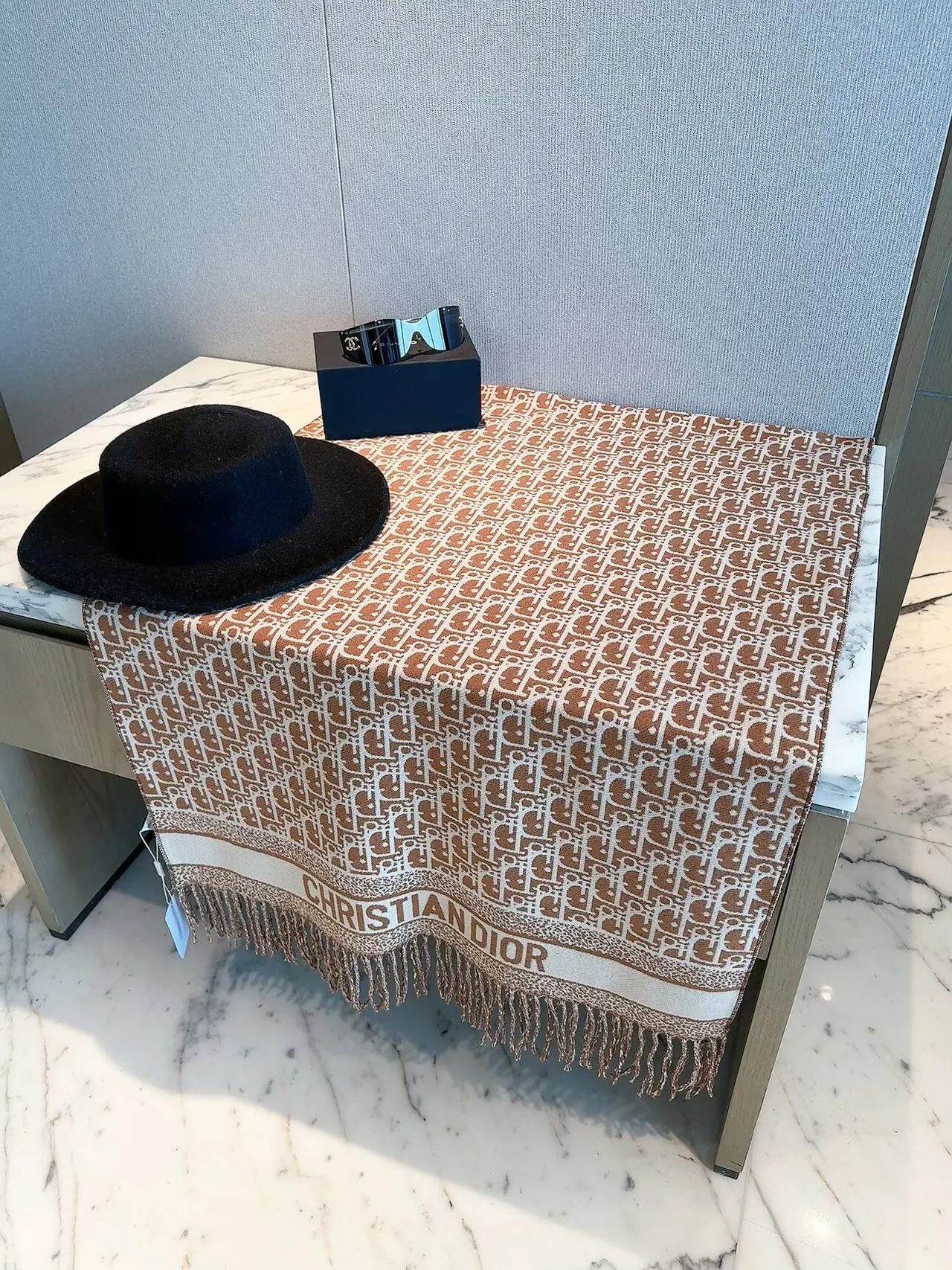 Dior Oblique Fringed Scarf in Tan & Black · view 1