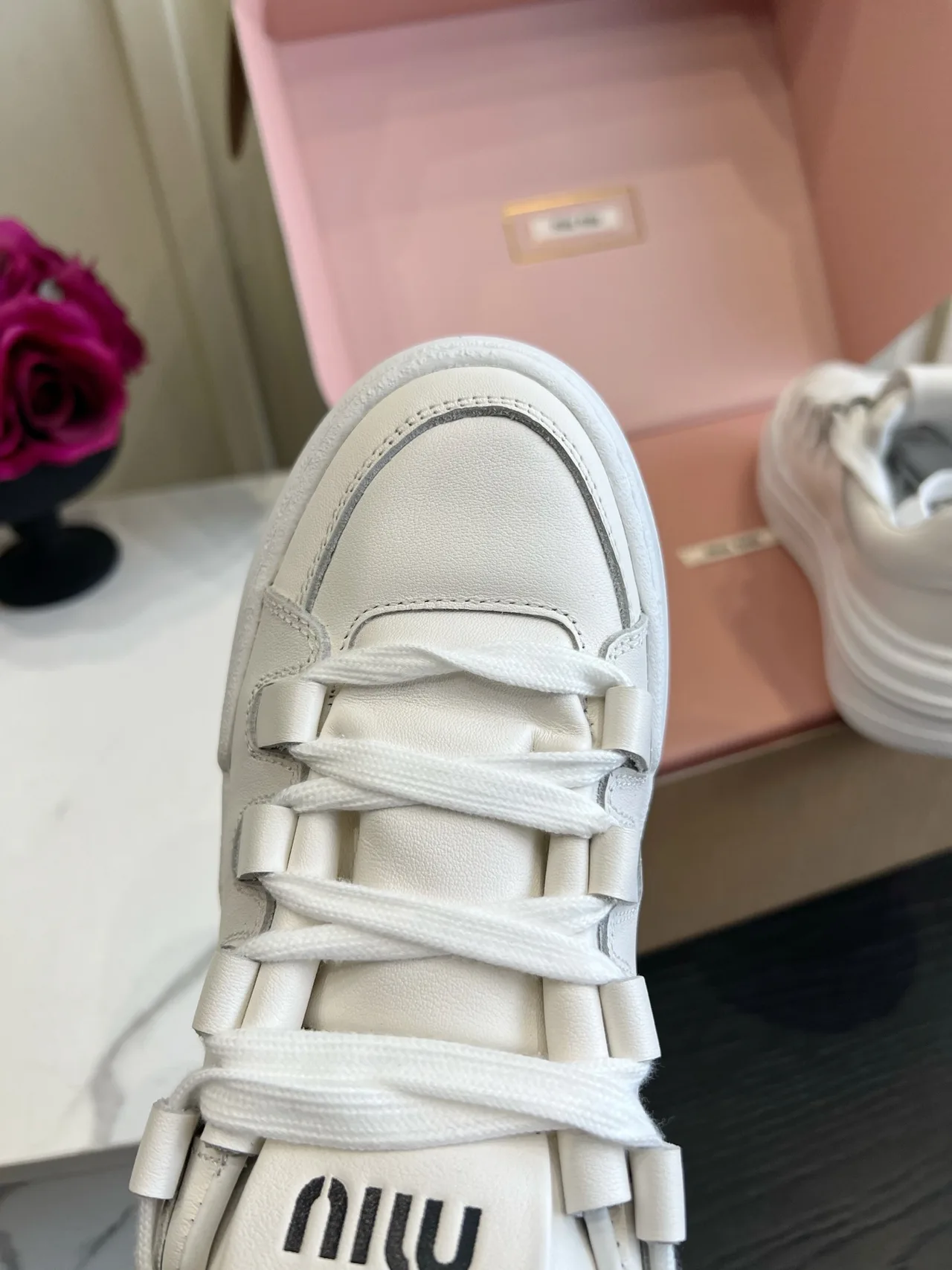 Miu Miu Cowhide Lace-Up Sneakers in White · view 7