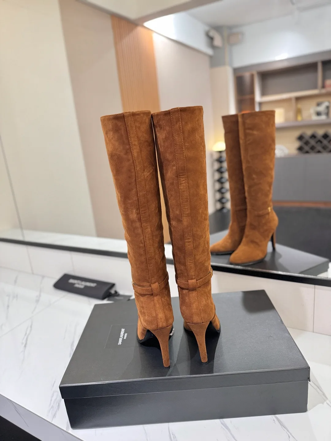 Saint Laurent Cowhide Sheepskin Glossy Suede-Look Buckle Knee-High Boots in Brown · view 5